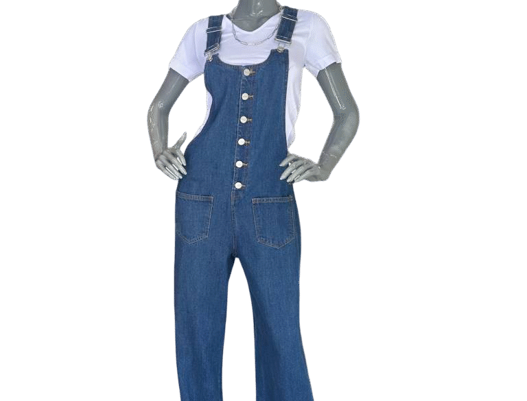 Denim Button-Up Overalls - Free size